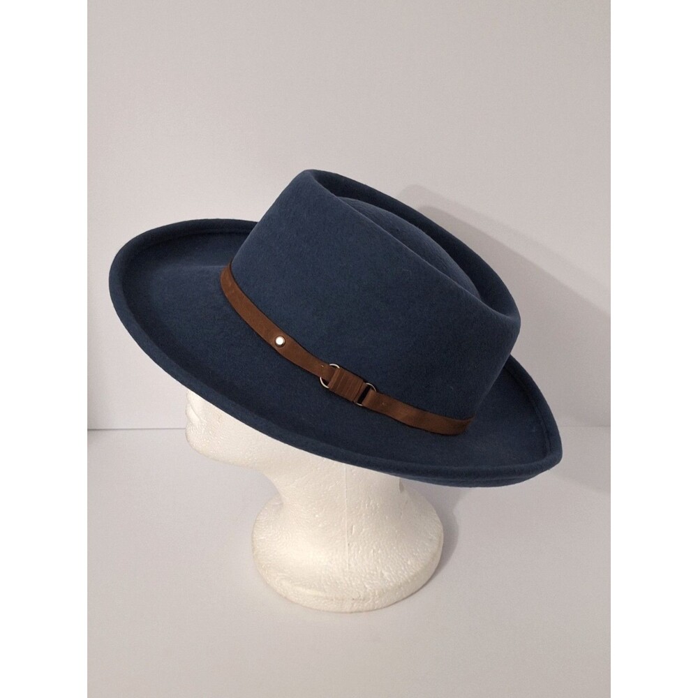 Vintage Hopeless Romantic 100% Wool Fedora Hat Women's Blue Felt Leather Strap